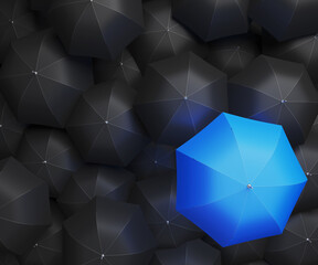 Concept image with lots of black umbrellas and a red umbrella that stands out, be unique