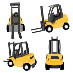 Forklift in yellow illustration.Forklift icon truck vector lift isolated warehouse loader isometric cargo symbol.Forklift in yellow loading pallet in factory.