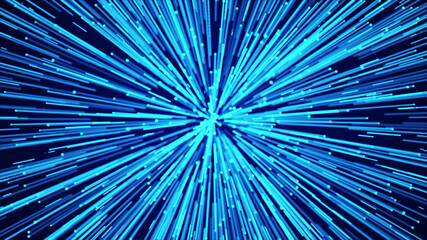 Abstract cosmic explosion. The movement of neon glowing beams. Hyper jump. 3d rendering