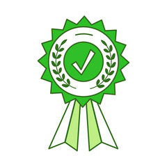Achievement green medal with ribbons and check mark vector cartoon outline illustration. Prize for winner in competition, first prize for champion, consolation prize icon design.