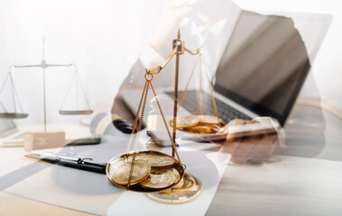 Business and lawyers discussing contract papers with brass scale on desk in office. Law, legal...