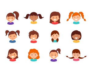 Collection girl faces. Smiling children avatar set. Joyful teenage character collection