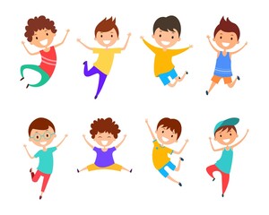 Collection cartoon jumping boys. Joyful children set isolated on white background. Happy boys