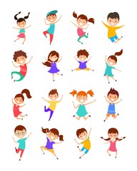 Collection cartoon jumping children. Joyful boys and girls set. Happy teenagers
