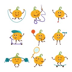 Collection cartoon funny pumpkin practicing different sports. Vegetable physical activities set. Design elements for print, party decoration,  illustration,  sticker.