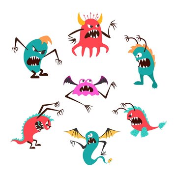 Collection cartoon angry  monsters isolated on white.Design element set for print, party decoration,  illustration,  sticker.