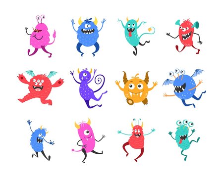 Collection cartoon smiling monsters isolated on white. Fantasy jumping creatures set. Design elements for print, party decoration,  illustration,  sticker.