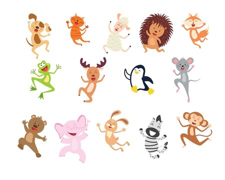 Collection cartoon joyful jumping animal  isolated on white. Smiling funny characters hopping. Happy animals set.