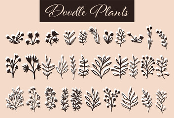 Collection of vector plants like leaves, brunches and berries outlines with seperate backgrounds. Graphic elements for invitations, cards, stationery, posters, prints and more.