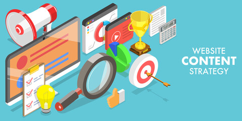 3D Isometric Flat Vector Conceptual Illustration of Website Content Strategy.