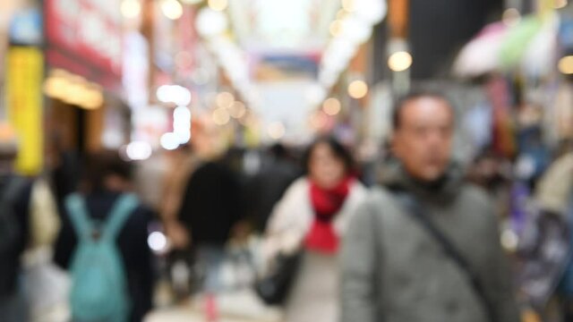 Tokyo Japan Feb 10, 2019 : Blurred motion: Pedestrians walking and shopping at Nakano sun mall , Tokyo, Japan