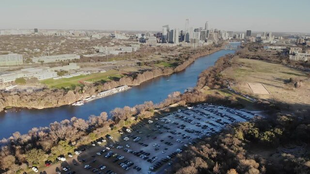 Aerial Pan from Downtown Austin to MoPac Highway in Sunny Day