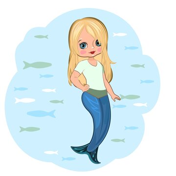 Little mermaid girl. Flirts. Handsome fashionable child. The isolated object on a white background. Vector illustration