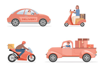 Naklejka premium People driving different machines vector flat illustration isolated on white background. Happy smiling women and man drive car, truck or lorry, scooter, and motorcycle. Transportation concept.