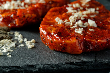 Marinated raw steak, with coarse sea salt, on slate plate