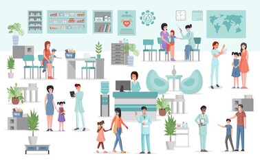 Medical clinic interior with furniture and equipment vector flat illustration. Doctors and nurses consulting patients, making vaccination. Mothers, fathers with kids in hospital. Healthcare concept.