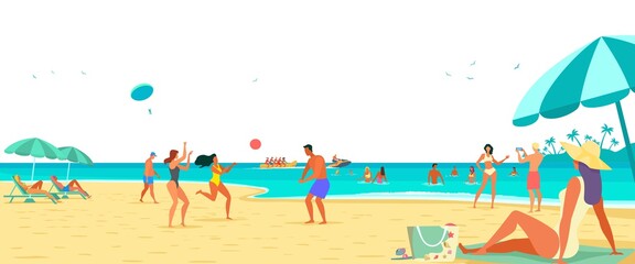 Summer vacation, people on the beach. Sea, sand, sun and peaceful. Vacation at the beach vector illustration
