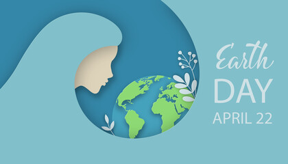 Earth day illustration of woman silhouette with planet Earth, flowers and herbs. Ecology, World Environment day, Mother nature care concept. Vector illustration in 3d paper cut and art style