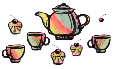 Teapot, cups, cupcakes and cherries are hand-drawn in black ink with rainbow watercolor coloring. Isolated objects on a white background, a picture for the interior of a cafe, a menu, a tea party 