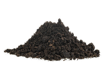 Pile of soil isolated on a white background. Heap of ground, close up.