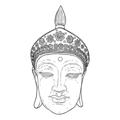 Buddha head drawing. Hinduism and Buddhism spirituality and enlightenment. Buddha portrait, Indian spiritual teacher, and religious leader. Purnima and Happy Vesak Day illustration elements. Vector.