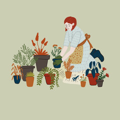 Hand drawn young girl plants flowers in pots. Cute woman transplants plants, doing gardening, preparation to spring. Home hobby, relaxation concept. Vector illustration
