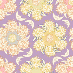 Seamless colorful vector pattern of witchery amulets, sun and moon