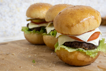 Homemade grilled hamburger on plate with white background. Homemade Beef Burger. Homemade Beef Burgers. Homemade beef burgers with cheese