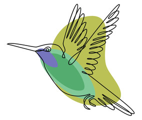 The hummingbird is flying. Bird in modern one line style. Solid line, outline for decor, posters, stickers, logo. Vector illustration.