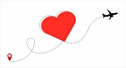 Airplane path line with red heart. Valentine's day concept. Vector illustration.