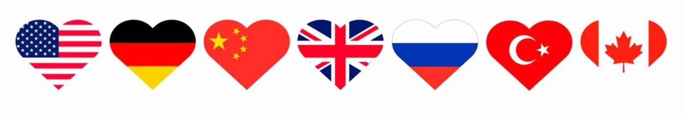 Set of flags of countries in the shape of a heart - leaders of economic development. Vector illusion