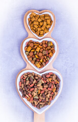 Heart bowls with dry cat food. Delicious treats for pets
