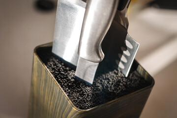 Universal Holder Knife Block, Close-up Multifunctional Tool for knives. Steel knife in plastic fibre rods. Kitchen Accesseries Storage. Knifes Stand Tops Tube Shelf. Smart professional culinary