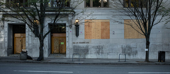 Boarded up courthouse in downtown Portland, Oregon (PDX) during 2020 protests, riots