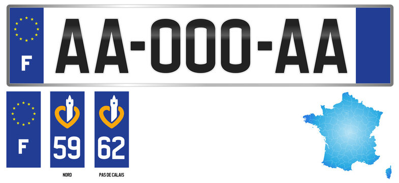 Nord - Pas de Calais, France, french regional license plate template, detail of the side label of the department, vector illustration, example of numbering