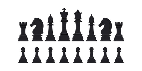 Chess pieces vector icon set isolated on white background. Black chess figures in a raw - king, queen, bishop, knight, rook, pawn game disign elements. Flat design cartoon style clip art illustration.