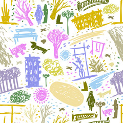 Seamless vector colorful pattern lined sketch of abstract city street in pastel tones on white