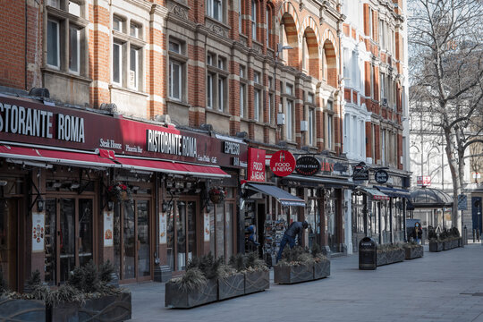 London, UK - February 23, 2021: Leicester Square View During  Covid-19 Lockdown. No People, Empty Streets Of London