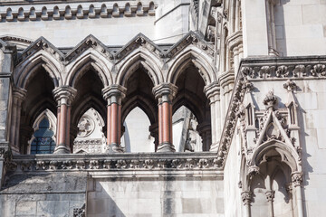 London, UK - February 23, 2021:  Royal Courts of Justice at Fleet Street called the Law Courts. Facade architectural detail