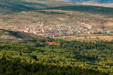 Fototapeta na wymiar Panoramic view of Orihuela del Tremedal and surrounding mountains in Montes Universales in Teruel, Spain