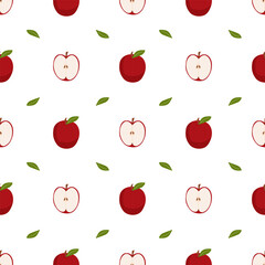 Seamless pattern with apples fruit and its half and leaves. Healthy natural food, vitamins. Organic, eco. Drawn by hands. It can be used for printing on textiles, wallpapers. White background