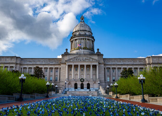 Frontal facade of Kentucky State Capitol Building in the capital city of Frankfort during early spring