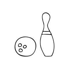 Doodle bowling icon. Hand drawn bowling ball and skittle icon in vector. Doodle bowling skittle and sphere in vector