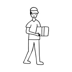 Doodle illustration of courier holding box. Hand drawn courier illustration with box. Courier delivery concept with drawn courier and box