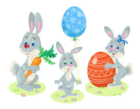 Happy Easter! Three funny bunnies with a carrot, a big red egg and a blue balloon in hands. In cartoon style. Isolated on white background. Vector illustration.