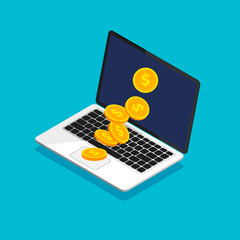 Open laptop with coin heap in trendy isometric style. Falling coins. Money movement and online payment. Online banking concept. Cashback or money refund. Vector illustration.	