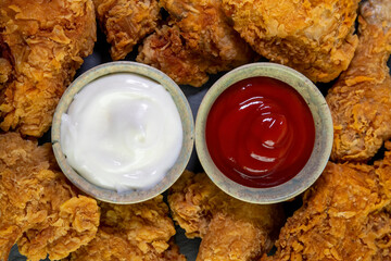 fried chicken flat photography with ketchup and garlic dip filled view