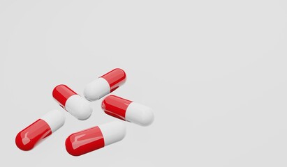 Red and white capsules with antibiotics on a white background. 3D illustration. 3D rendering.