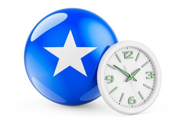 Somali flag with clock. Time in Somalia, 3D rendering