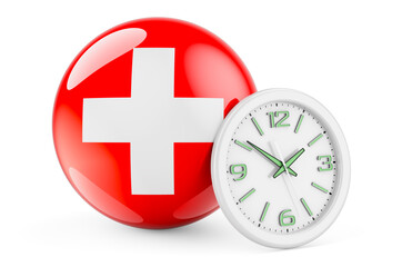 Swiss flag with clock. Time in Switzerland, 3D rendering
